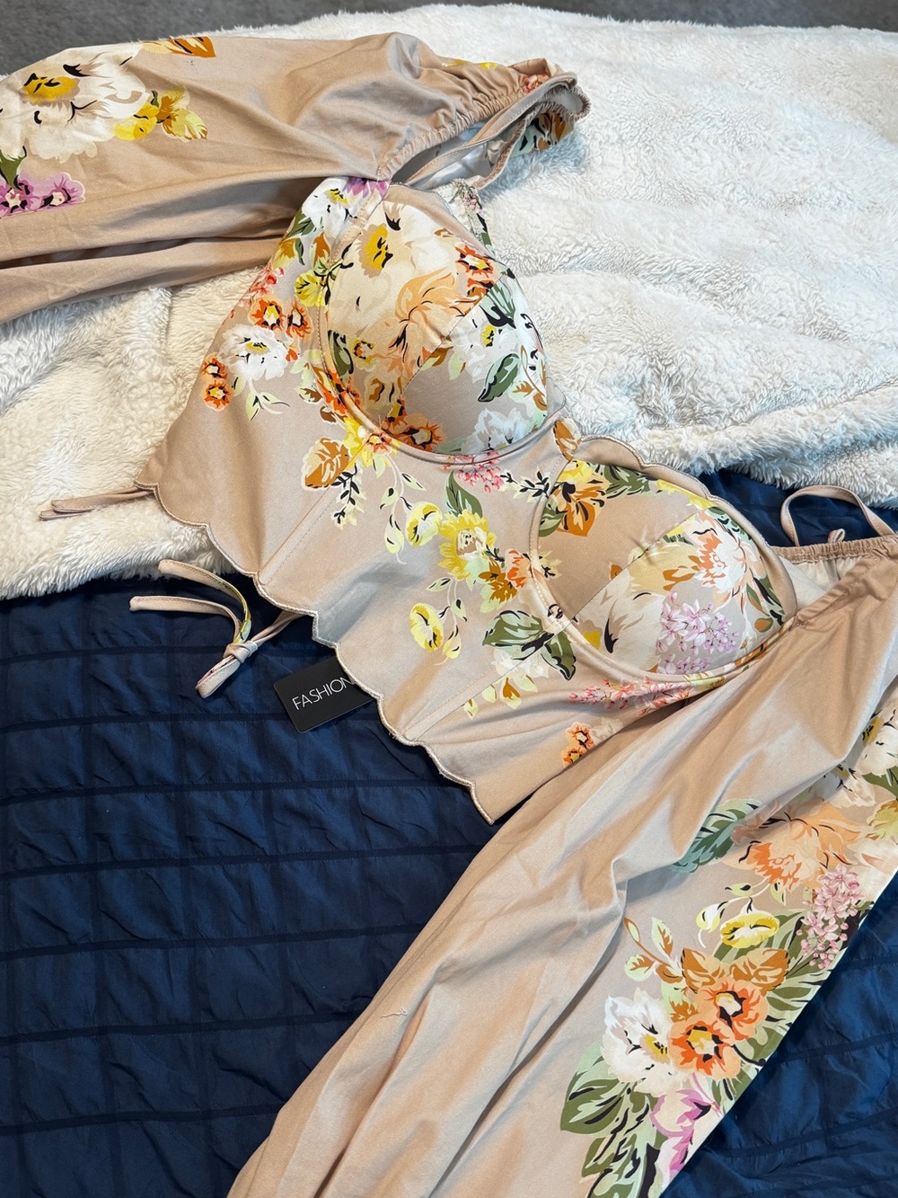 Fashion Nova Beige Floral Scalloped Bustier Top